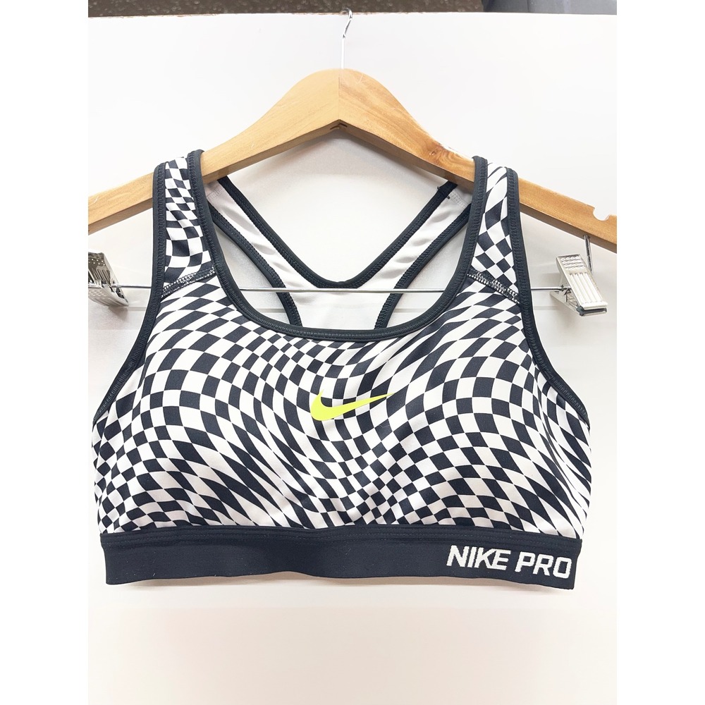 Nike Pro Dri-FIT Sports Bra Small Black White Warped Checkerboard Racerback‎